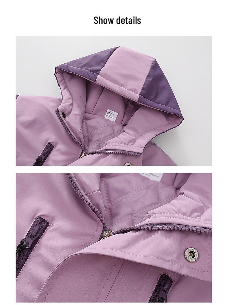 Girls' Fleece-Lined Color Block Windbreaker Jacket, Spring/Autumn, Thick, Windproof, for Medium & Large Children