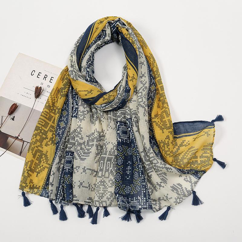 Hot-selling Spring and Summer New Beard-hanging Tassel Scarf Female Exotic Shawl Travel Wear Yellow-green Sunscreen