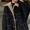 Women Jacket Thick Plush Lined Solid Color with Pockets Lapel Single-breasted Long Sleeves Warm Loose Denim Jacket Daily Outdoor Coat