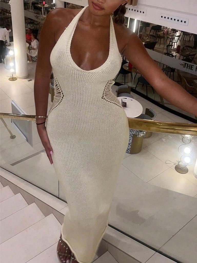 Rose Beauty Сексуальное платье с V-образным вырезом, открытой талией и завязкой на спине, трикотажное платье-халтер для вечеринок и клубов, облегающее длинное платье-свитер