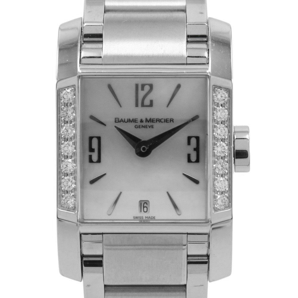 baume & mercier Часы Diamant с бриллиантовой рамкой, серебристо-белым перламутровым циферблатом, из нержавеющей стали, кварцевые, с аналоговым дисплеем, женские, б/у