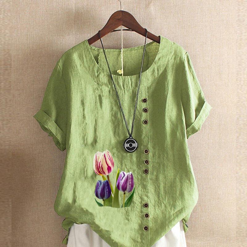 Women's Fashion Round Neck Short Sleeve T-shirt Casual Cotton Linen Graphic Shirt Tulips Prined Summer Blouse Tops