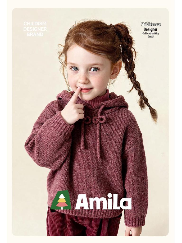 Зимний однотонный худи для девочек 2025 года - Вязаный кардиган из смесовой хлопково-шерстяной пряжи