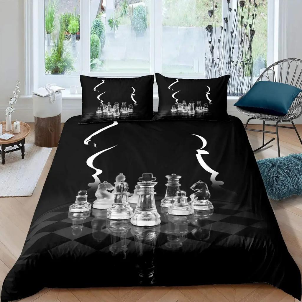 International Chess Duvet Cover Set Queen Size Chess Lovers Постельное белье для детей и взрослых Микрофибра Черная основа 23 шт Пододеяльник