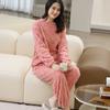 2 Pcs/Set Winter Pajamas Set Thickened Coral Fleece Checked Texture Round Neck Long Sleeves Top Wide Leg Elastic Waist Trousers Homewear Loungewear