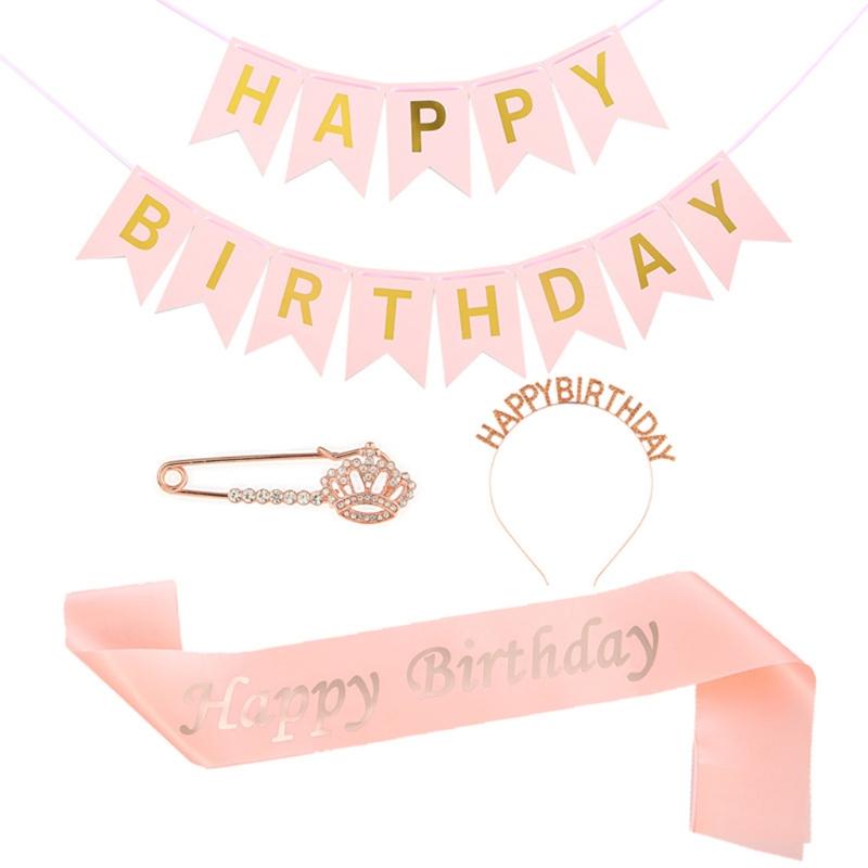 4 шт. Украшения для вечеринки в честь дня рождения Набор для дня рождения с шампанским Яркая лента Золотые блестящие буквы Реквизит для фото в Instagram