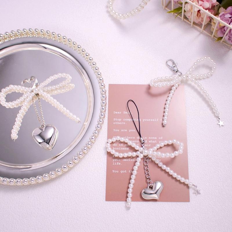 Ins Style Bowknot Pearl Beaded Key Chain Silver Love Phone Chain Headphone Case Pendant Ccd Lanyard Charms Bag Decor