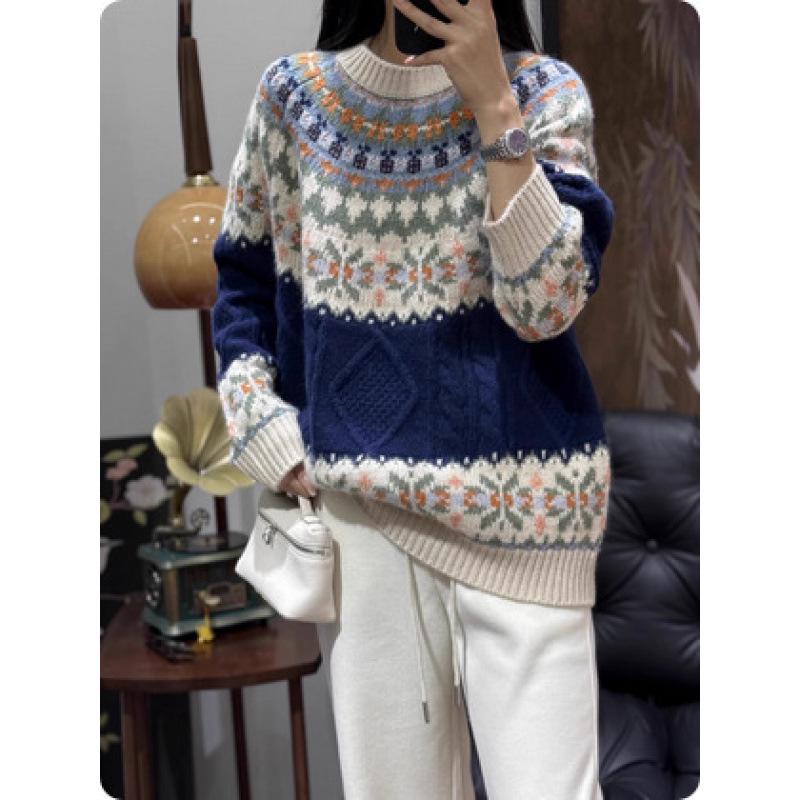 Женский рождественский свитер в европейском стиле из шерсти Fair Isle, прочная коса для осени и зимы - Свободный, расслабленный и утолщенный дизайн.