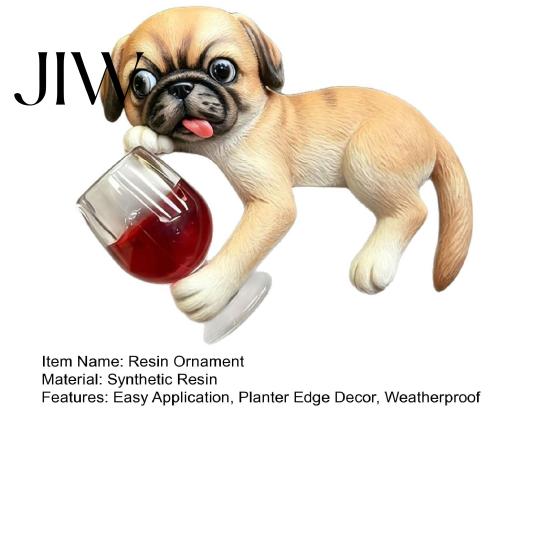 Funny Pet Statue Lying Pug for Planter, Dog Figurine with Red Wine Tabletop Animal Ornament Glass, Cute Resin Flower Pot Edge Decoration Hanging Decor