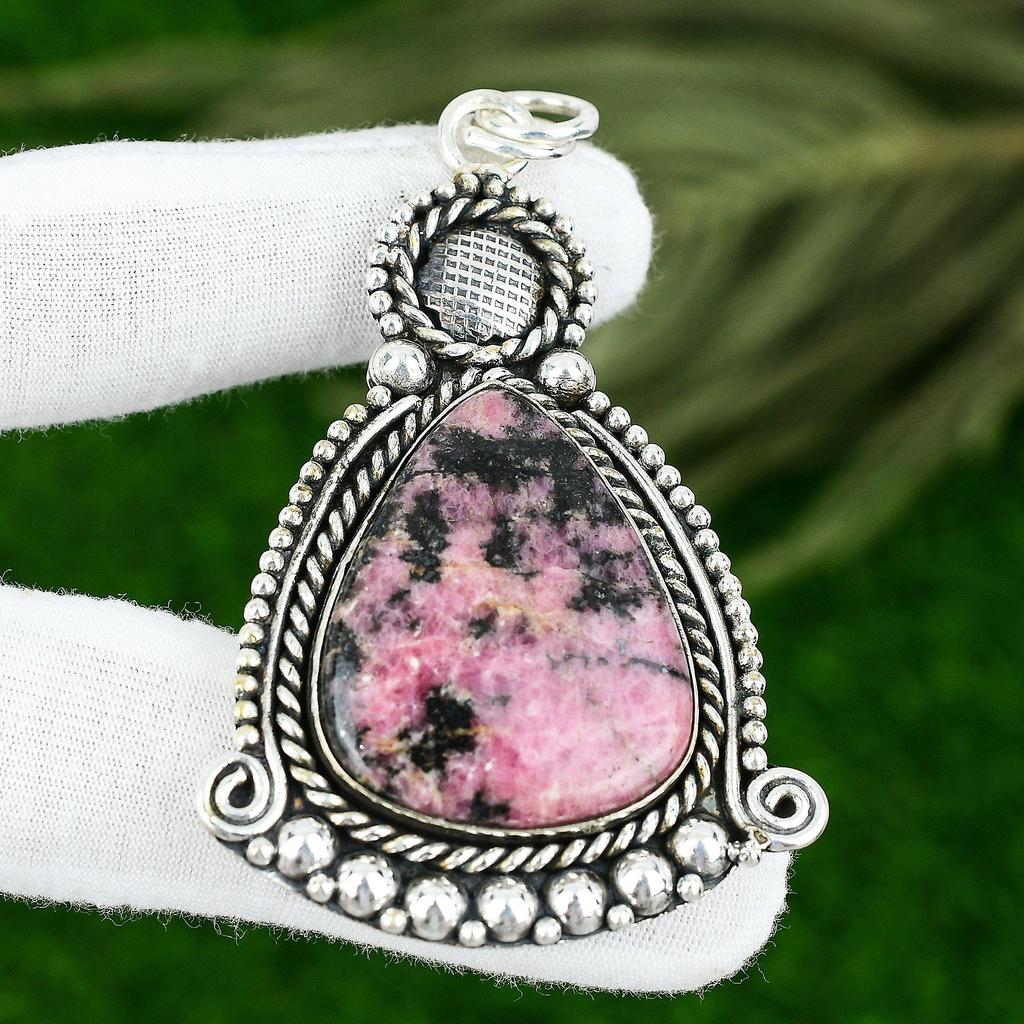 925 Silver Pear Rhodonite Stone Anniversary Daughter Bezel Boho Pendant Jewelry