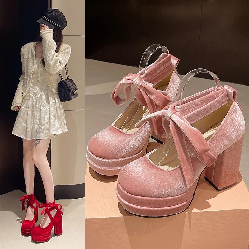 2024 Designer Platform Women Mary Jane Shoes Ladies 2024 Cross-tied Thick High Heel Footwear Women's Elegant Dress Pumps Shoes