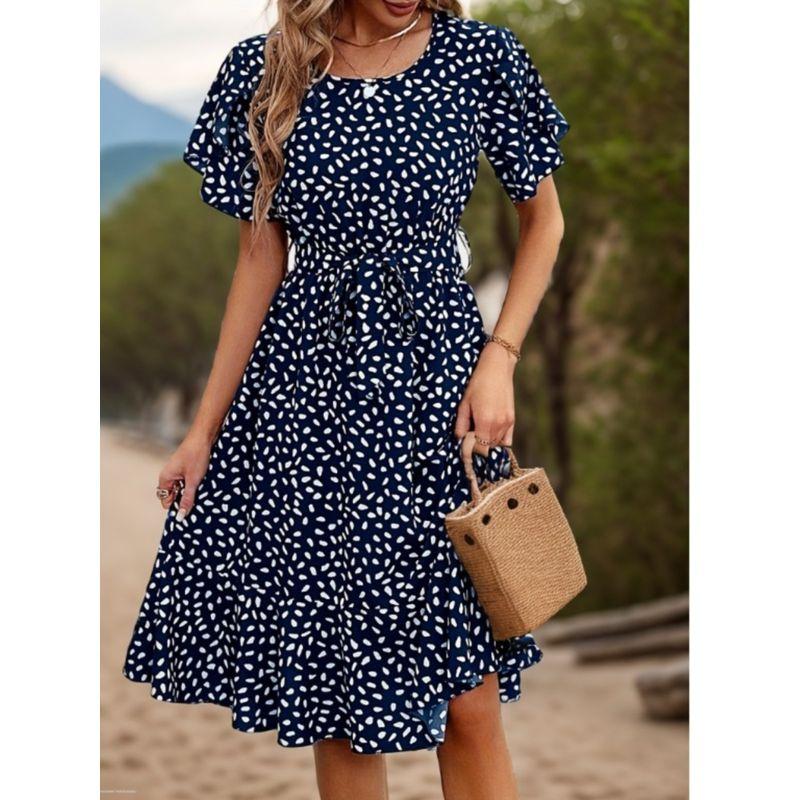 Cross-Border European and American Summer New Fashion Dots Print Waist Hugging Frill Short Sleeve Mid-Length Dress Dress