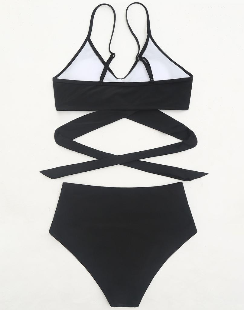 Sexy Women's Swimsuit Black Back Tie High Waist Bikini Set Beachwear Bathing Suits