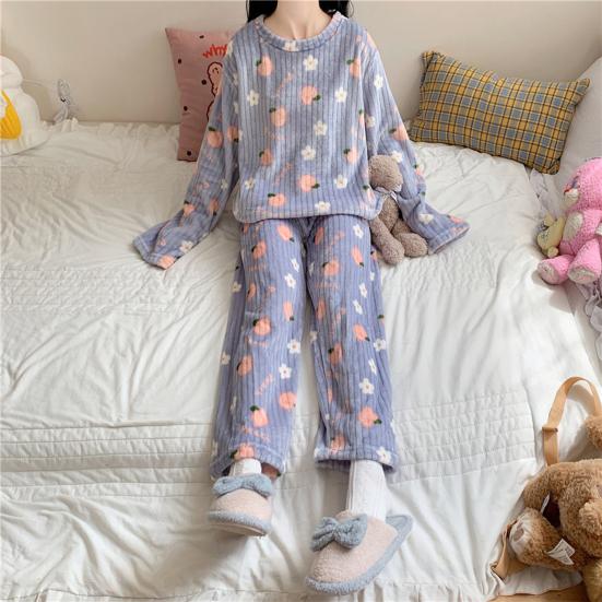 2 Pcs/Set Women Winter Pajamas Set Round Neck Cartoon Bear And Peach Pattern Long