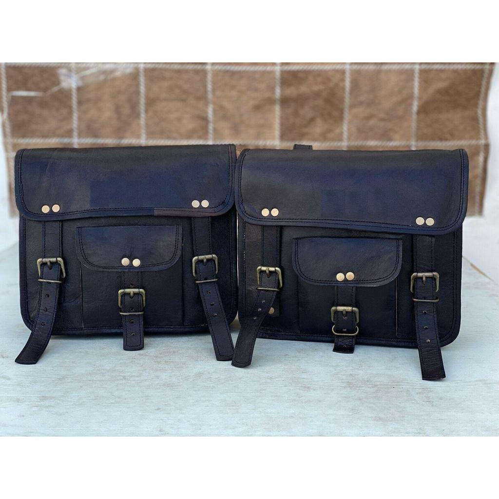 Leather Motorcycle Black Saddle Pouch Bags Panniers Tool Luggage (Handmade Bags)
