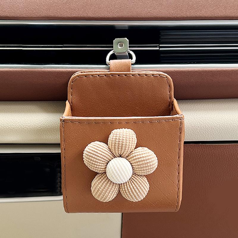 Cute Cartoon Bow Cloud Car Storage Bag Air Vent Hanging Leather Organizer Box Glasses Phone Holder Car Interior Accessories