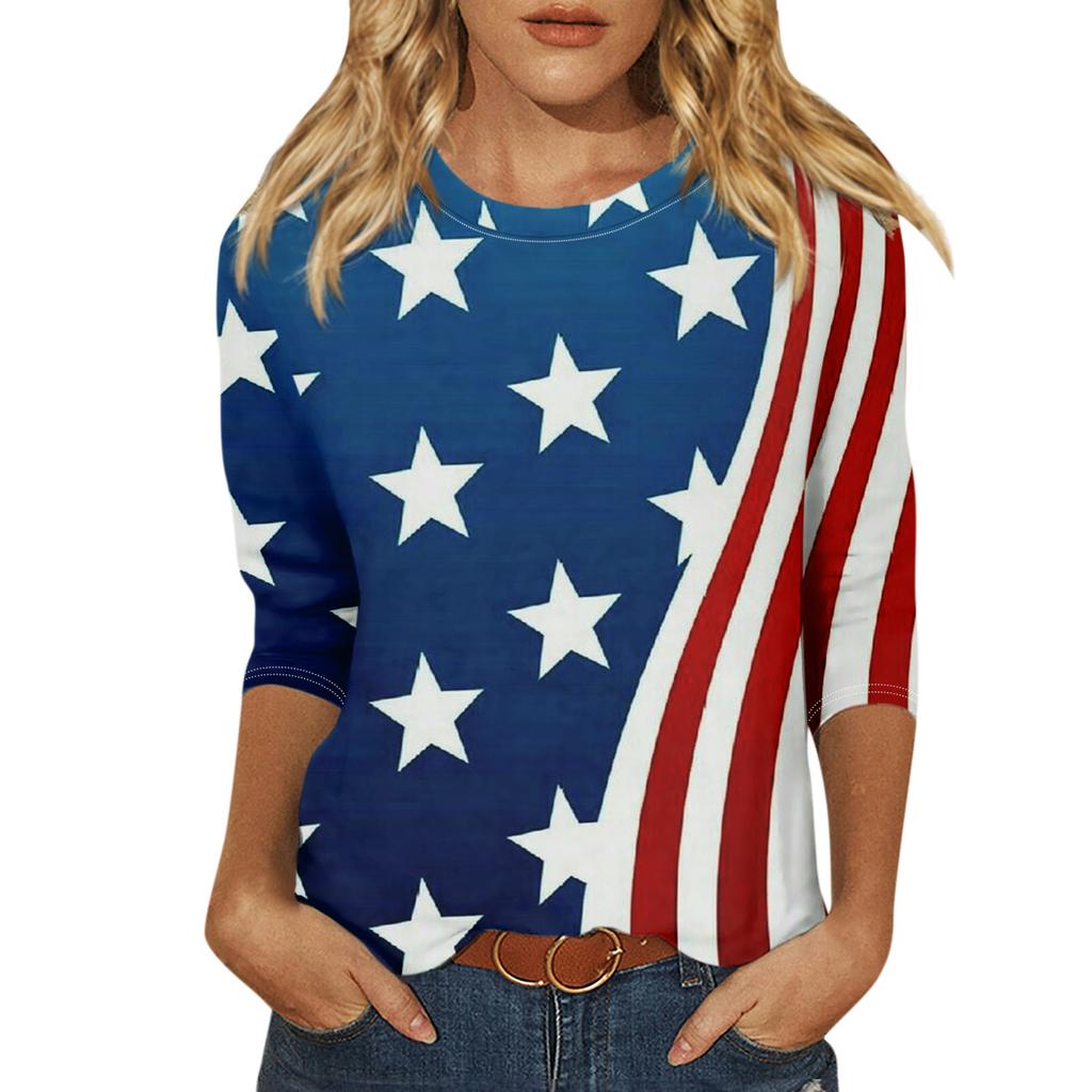 Women's Fashion Casual Round Neck 3/4 Sleeve Loose Independence Day Printed T-Shirt Ladies Top
