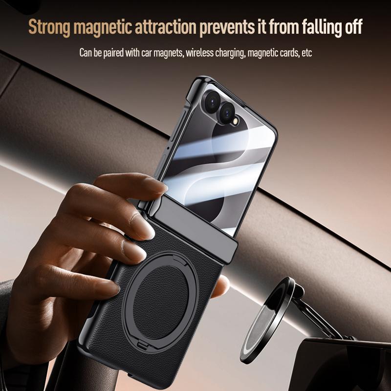 For Samsung Galaxy Z Flip8 5G Luxury PU Leather 360 Swivel Bracket Magnetic Tempered Glass Front Membrane For Magsafe Phone Case
