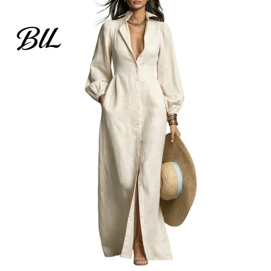Solid Color Shirt Dresses Women Button Front Dress, Long Sleeve Turn-down Collar Dress Cinched Waist for Daily Office Casual