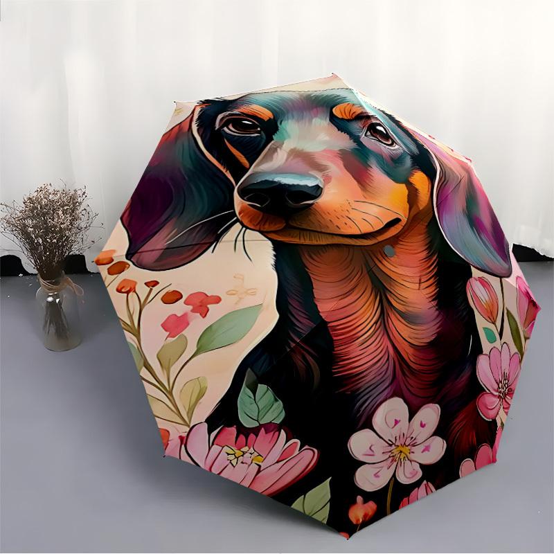 1pc Dachshund Floral Automatic Folding Umbrella - Windproof Compact Travel Umbrella with Auto Open/Close, 8-Rib Heavy-Duty Shaft for Women/Men A005