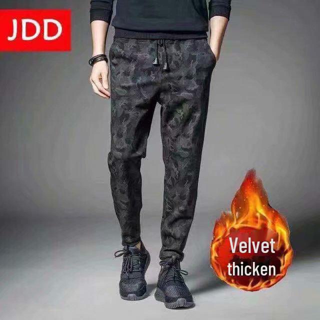 Мужские джинсы Black Stripe со средней посадкой и эластичной бархатной подкладкой — свободный крой для подростков (Осень зима)