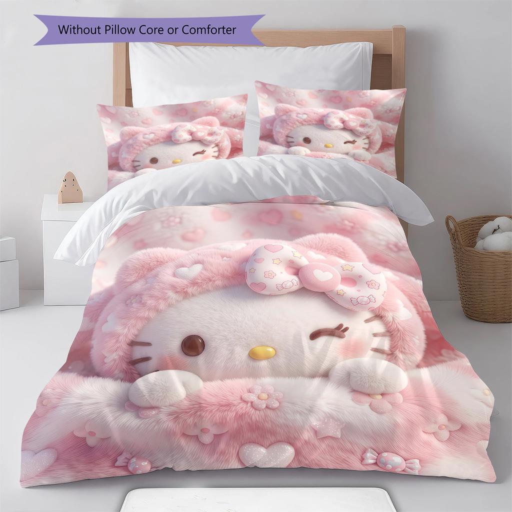Постельное белье с розовым узором Hello Kitty, Комплект с одеялом, Пододеяльник, Наволочка, Домашний подарок на день рождения(1 пододеяльник + 2 наволочки, без наполнителя)
