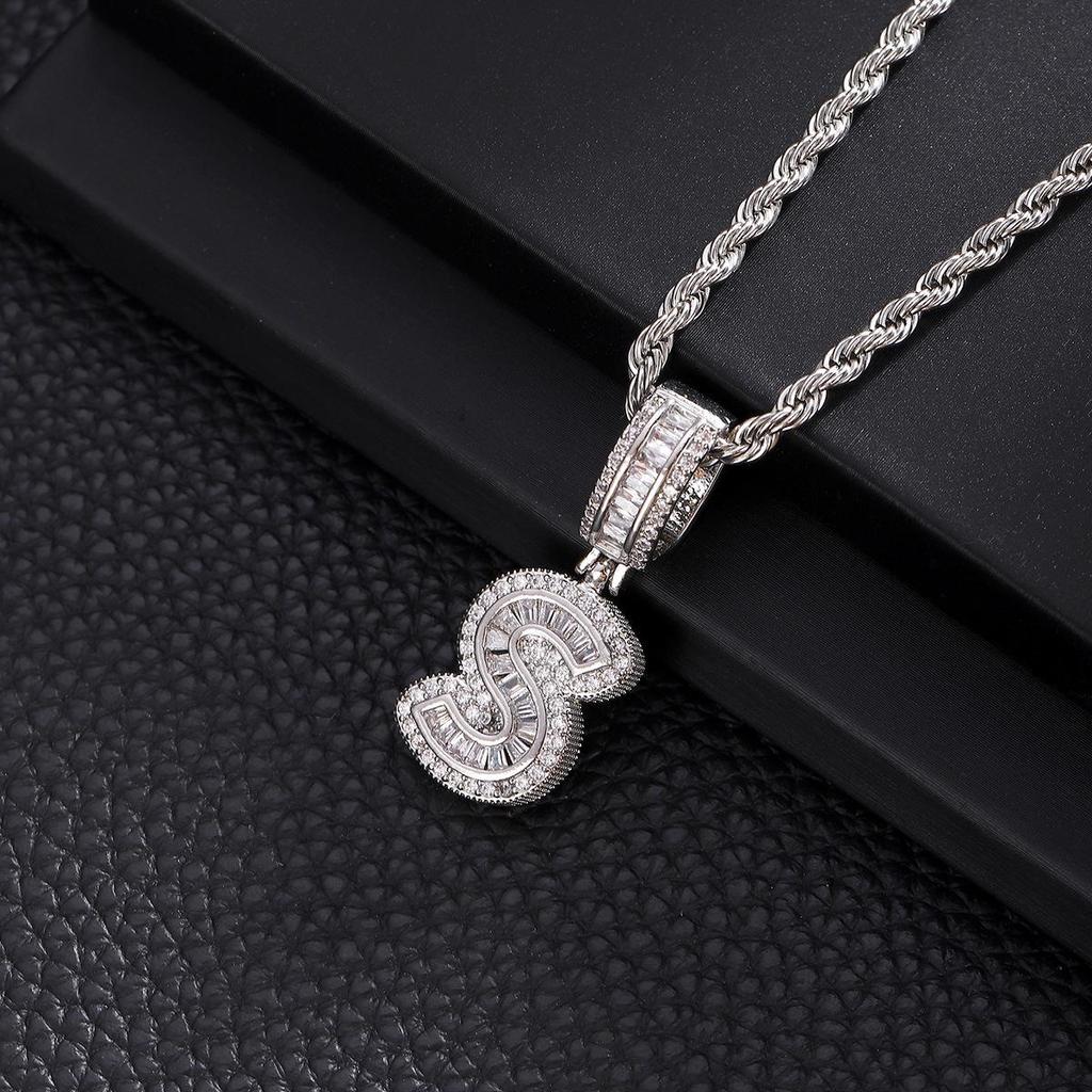 Zircon Inlaid Rock Sugar Initial Pendant Necklace - European & American Hip-Hop Style