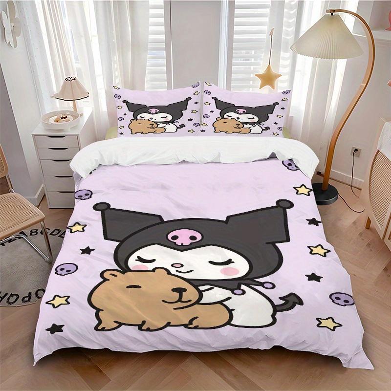 3pcs Kuromi and Kapibara Printed Bedding Set, Soft and Comfortable Quilt Cover for Bedroom, Guest Room (1 Duvet Cover + 2 Pillowcases, Pillo