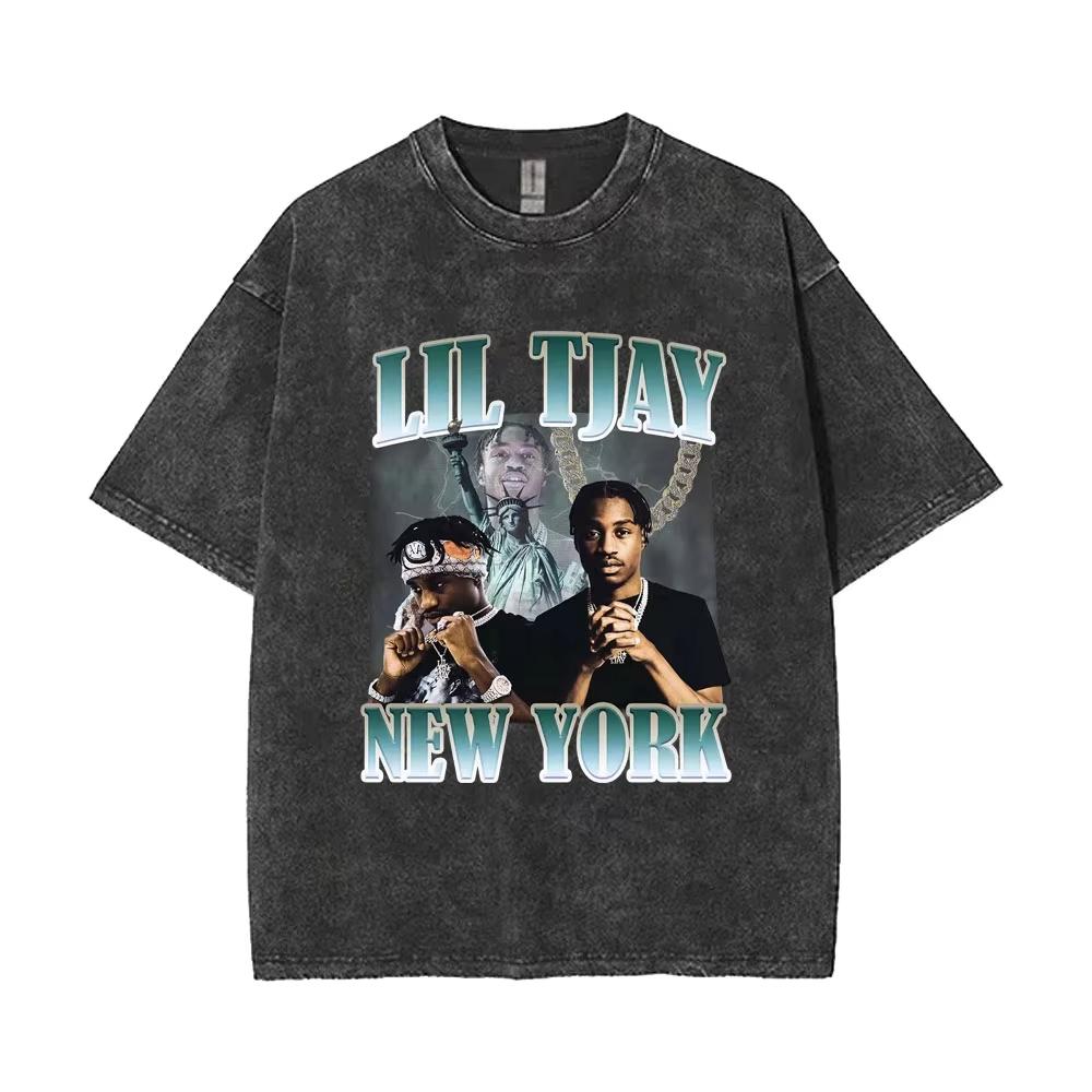 2026 Washed Vintage Rapper Lil Tjay Lil Tjay Not in The Mood T-shirt Men's Black Cotton T-shirts Men Women Vintage Top Short Sleeve Casual Clothing