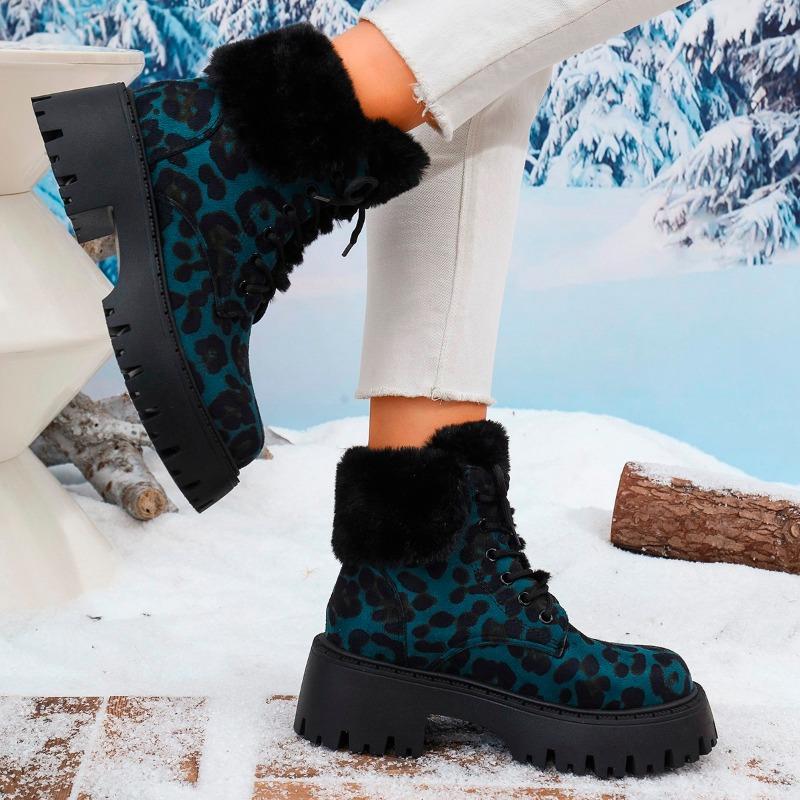 Fashion Women's Fashion Thick Heel Cotton Boots Winter New Round Head Leopard Print Front Lace-up Anti-slip Wear-resistant Short Boots