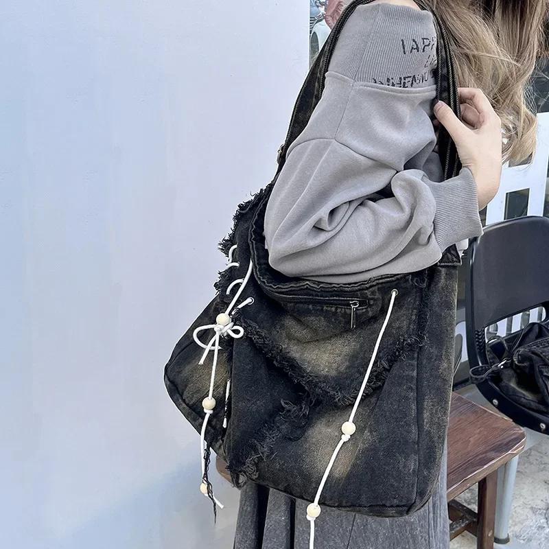 Washed Denim Women Shoulder Bag Large Capacity Student Zipper Messager Handbags