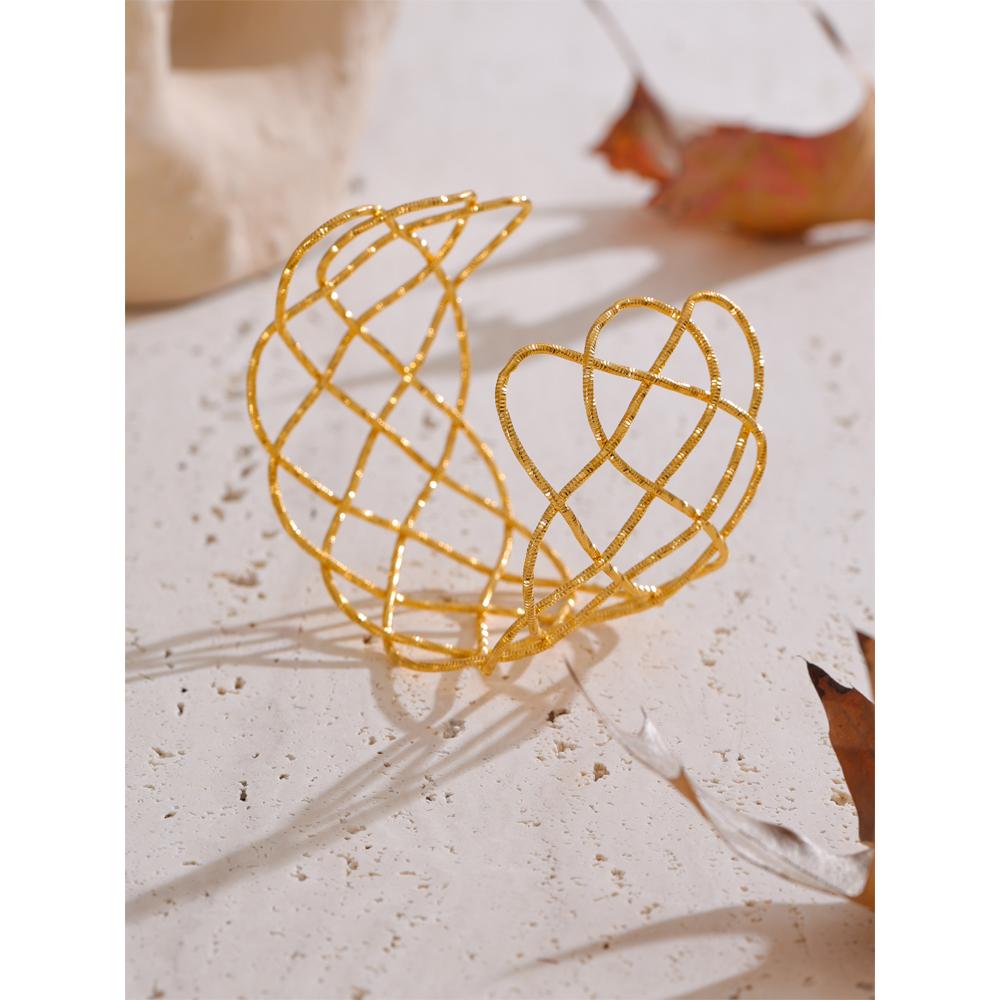 Yhpup Fashion Stainless Steel Braided Hollow Large Wide Cuff Bracelet Bangle PVD Gold Color Personalized Jewelry Accessories
