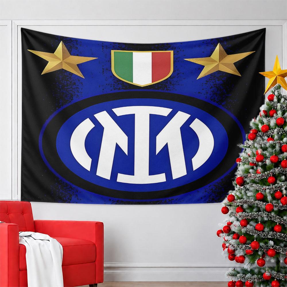 Inter Milan Logo with Stars and Crest Pattern Wall Hanging Tapestry Decorative Tapestry Home Decor for Bedroom and Living Room