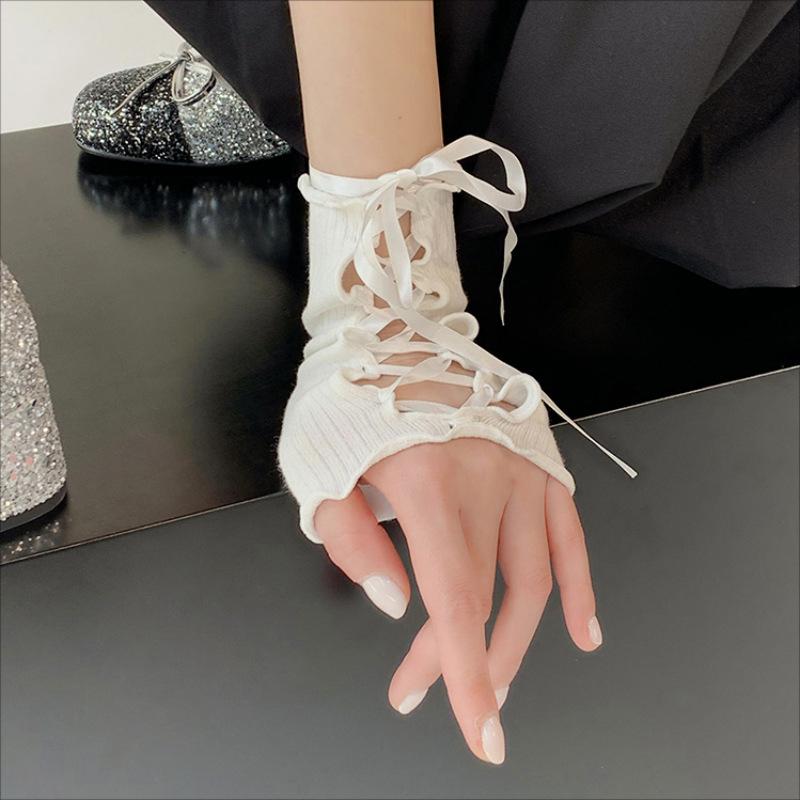 1Pair Lolita Style Diy Gloves Sweet Girl Lace Up Ruffles Arm Sleeve Jk Gothic Fingerless Glove For Women Halloween Accessories