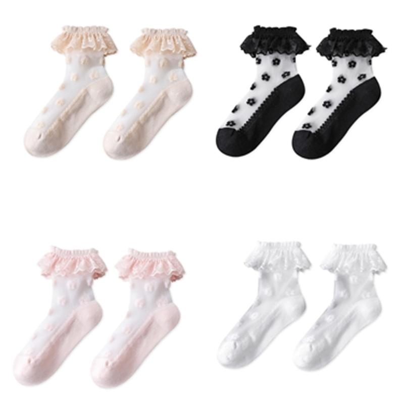 Дышащие детские носки с кружевной отделкой, эластичные, для девочек, до щиколотки, для новорожденных и младенцев, 4 цвета в наличии