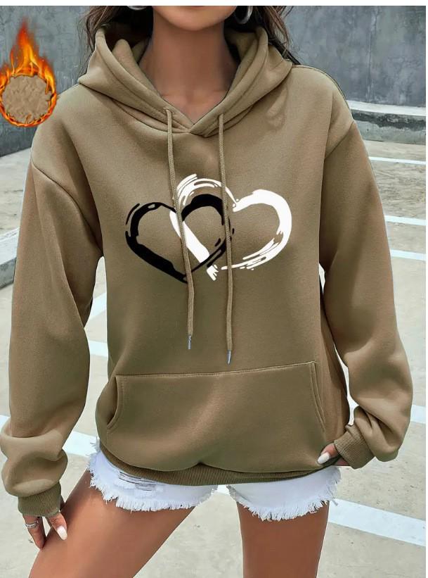 Women's Heart Print Hooded Sweatshirt with Pockets - Comfortable Long Sleeve Casual Wear