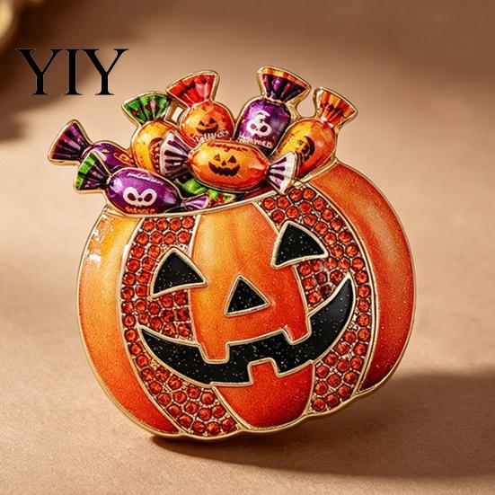 Sparkling Rhinestone Pin Halloween Pumpkin Candy Bowl Brooch, Clothing Accessory Holder Lapel Pin, Costume Jewelry Accessories