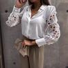 Women Shirt Hollow Lace Splicing Design Long Sleeve Lapel Collar Shirt Tops Single Breasted Loose Fit Solid Color Shirt