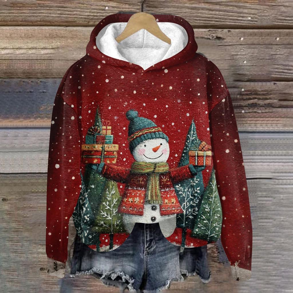 Women's Fashion Long Sleeve Christmas Print Loose Hooded Sweatshirt Top