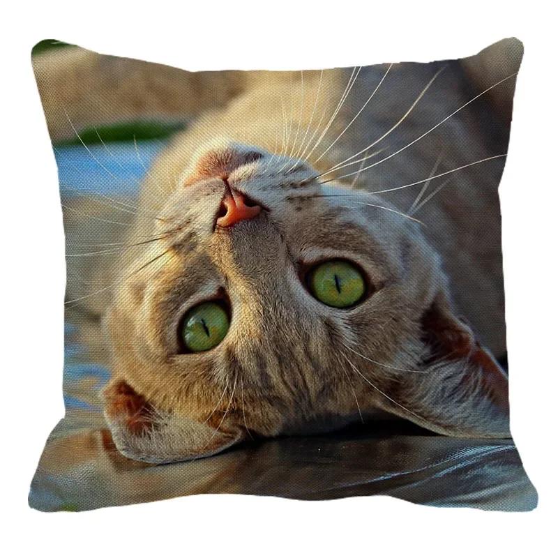 Animal Theme Cat Print Linen Decorative Throw Pillowcase Home Decor Animal Kitty Pillowcase Cushion Cover 45X45Cm
