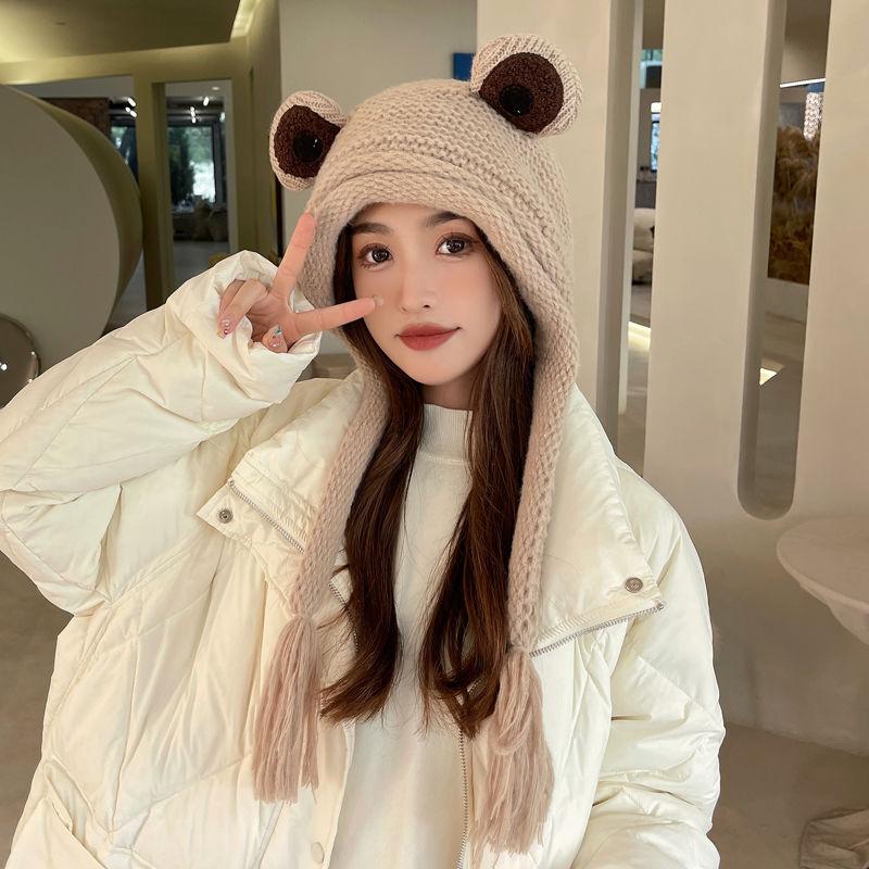 Шапка-лягушка, женская вязаная шапка, зимняя теплая, с кисточками, зимняя защита ушей, носок, зеленая шерстяная шапка