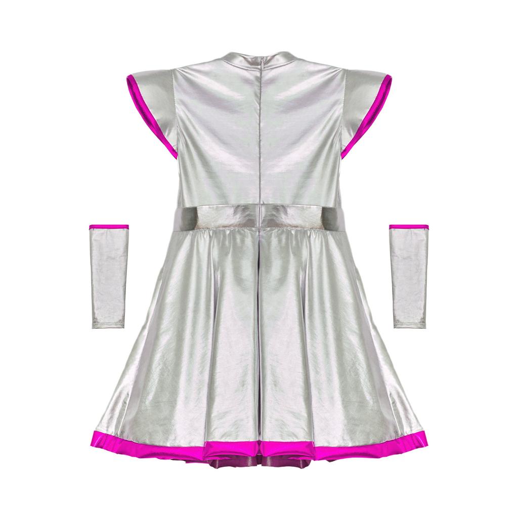 Girls Alien Cosplay Costume - Shimmering PU Patchwork Dress with Cap Sleeve & Arm Sleeve for Halloween Party