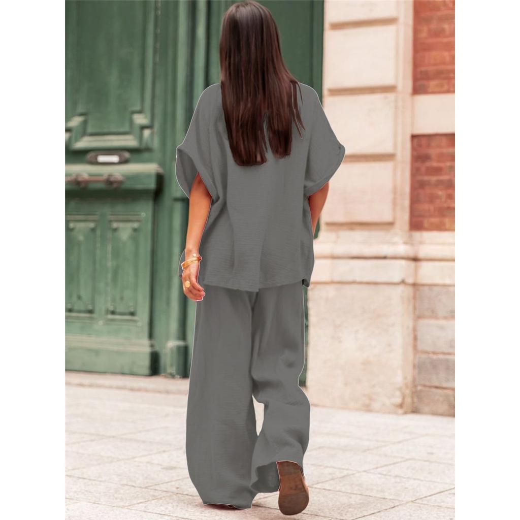 Women's Casual Sets Summer Cotton and Linen Short-sleeved Lapel Shirt Straight Trousers Two-piece Set