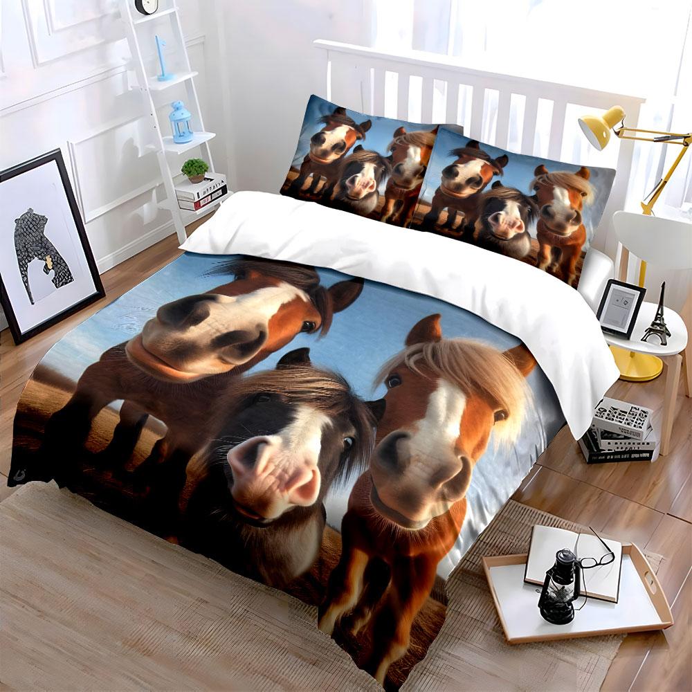 Three Cute Horses Close-Up Print Bedding Duvet Cover Set (1*Duvet Cover 2*Pillowcases, without duvet insert)
