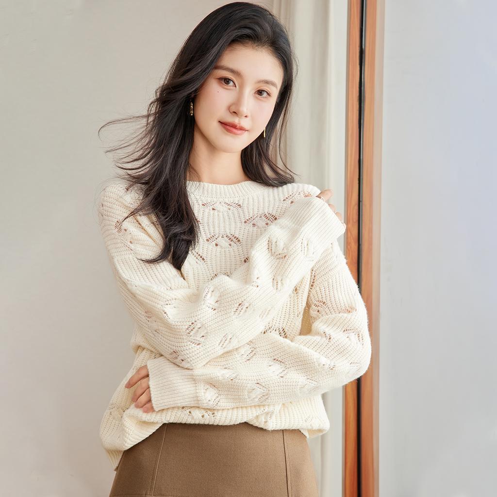 [100% Sheep Wool] Autumn and Winter Thick Solid Color Hollow Head Loose Women's Woolen Sweater for Age Reduction