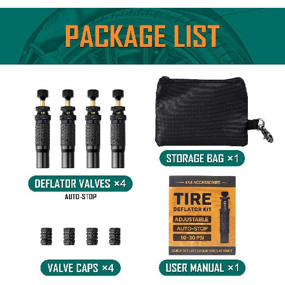 MARIE Automatic Tire Deflator Kit (10-30 PSI), 4PCS Adjustable Auto Stop Air Down Tire Deflator Kit for Offroad
