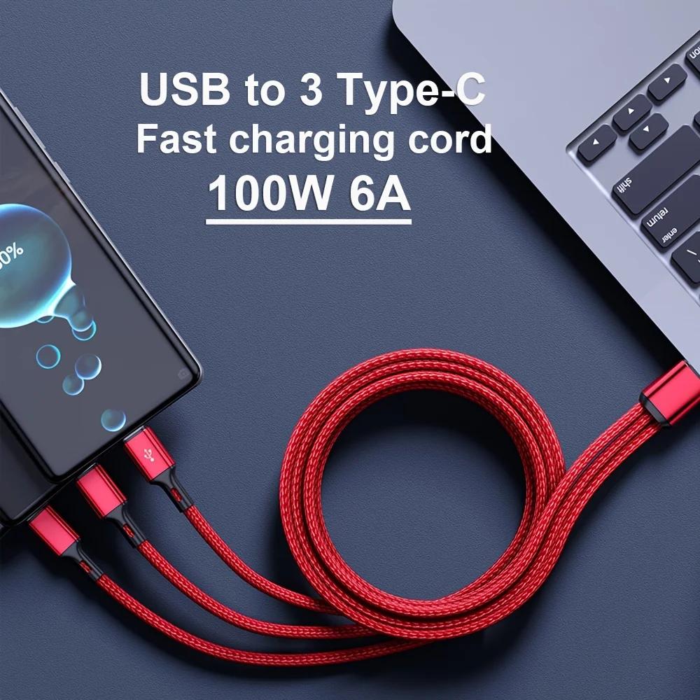100W 3 in 1 USB to 3×Type-C Cable Phones Fast Charging Data Cable 1.2m/0.2m Extension Cord USB C PD High-Speed Data Transmission