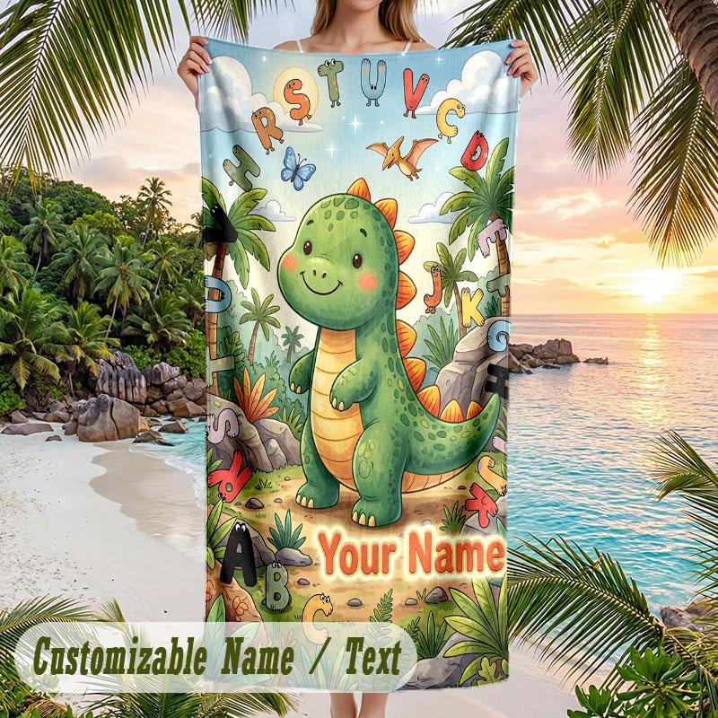 Dinosaur Alphabet Adventure Theme Quick Dry Beach Towel Custom Name Text Print Large Sand Resistant Towel Beach Vacation