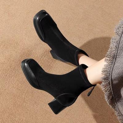 Бренд Женские Ботильоны Осень Зима Квадратный Носок Теплые Туфли на Высоком Каблуке Модный Дизайнер Женские Короткие Ботинки 34-40