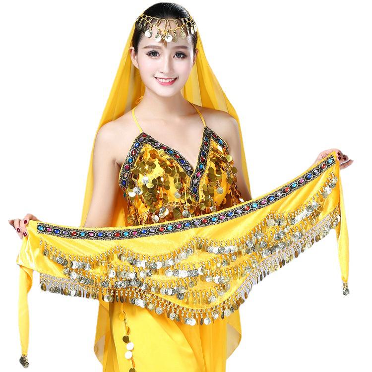 Belly Dance Waist Chain and Arm Scarf with Colored Rhinestones for Practice and Performance